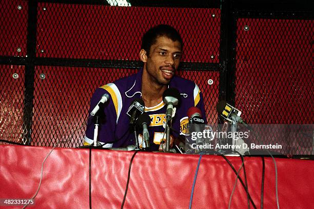 Kareem Abdul-Jabbar of the Los Angeles Lakers talks to the media following a game against the Utah Jazz at the Thomas & Mack Center on April 5, 1984...