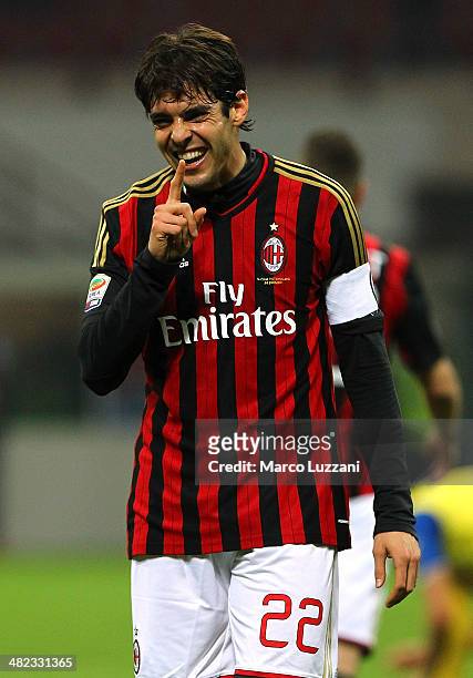Ricardo Kaka of AC Milan celebrates his goal during the Serie A match between AC Milan and AC Chievo Verona at San Siro Stadium on March 29, 2014 in...