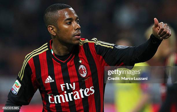 Robinho of AC Milan gestures during the Serie A match between AC Milan and AC Chievo Verona at San Siro Stadium on March 29, 2014 in Milan, Italy.