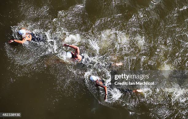 The Mexico team compete during the 5km Open Water team event during day six of the16th FINA World Aquatics Championships on July 30, 2015 at the...