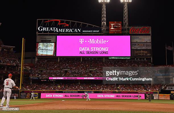 The scoreboard displays a T-Mobile advertisement during the 86th MLB All-Star Game at Great American Ball Park on July 14, 2015 in Cincinnati, Ohio....