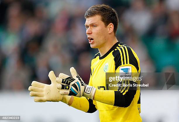 Goalkeeper Max Gruen of Wolfsburg reacts during the Bundesliga match between VfL Wolfsburg and Eintracht Frankfurt at Volkswagen Arena on March 29,...