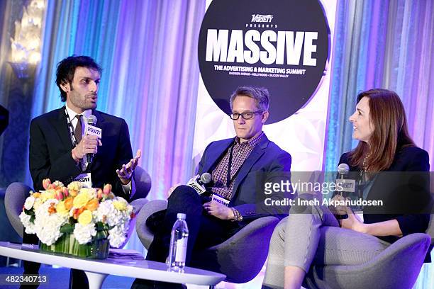 Moderator Jeetendr Sehdev, Jim Babcock of Adult Swim and Angie Barrick of Google attend Variety's Massive: The Advertising And Marketing Summit at...
