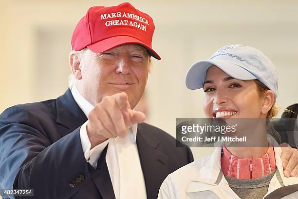 Republican Presidential Candidate Donald Trump visits his Scottish golf course Turnberry with his children Ivanka Trump and Eric Trump on July 30,...