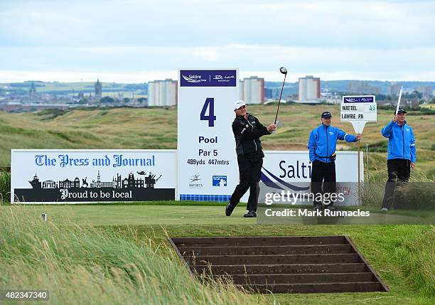 Paul Lawrie of Scotland watches his drive from the picturesque elevated 4th tee during the first day of the Saltire Energy Paul Lawrie Matchplay at...