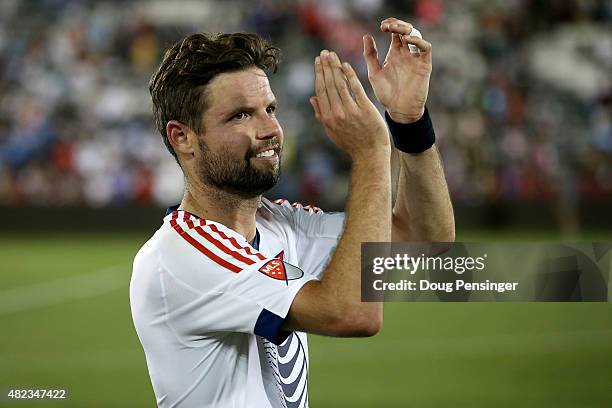 Drew Moor of MLS All-Stars applauds his supports after defeating the Tottenham Hotspur in the 2015 AT&T Major League Soccer All-Star game at Dick's...