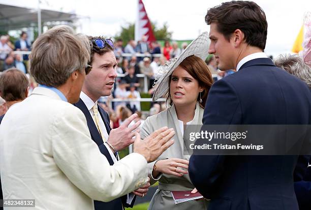 Lord March , Princess Eugenie and Jack Brooksbank attend day three of the Qatar Goodwood Festival at Goodwood Racecourse on July 30, 2015 in...