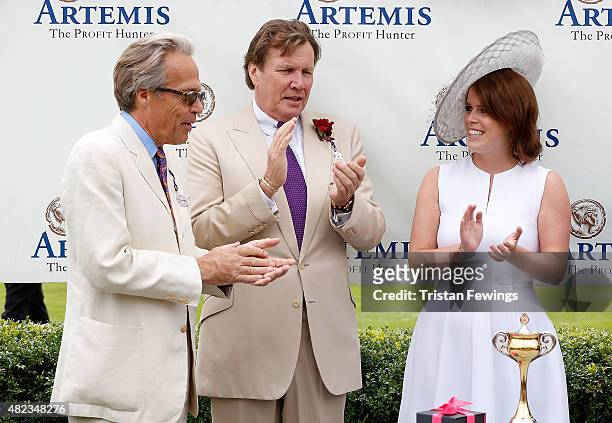 Princess Eugenie, Lord March and jeweller Theo Fennell on day three of the Qatar Goodwood Festival at Goodwood Racecourse on July 30, 2015 in...