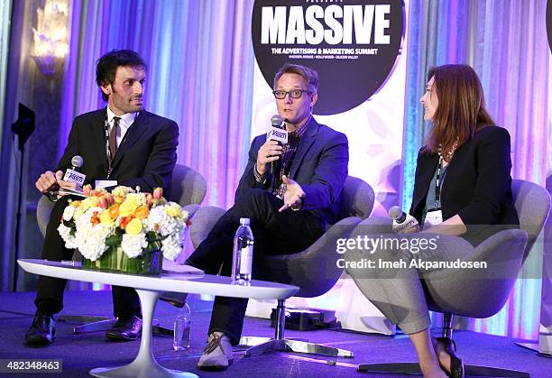Moderator Jeetendr Sehdev, Jim Babcock of Adult Swim and Angie Barrick of Google attend Variety's Massive: The Advertising And Marketing Summit at...