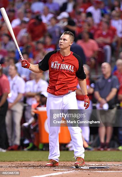 National League All-Star Joc Pederson of the Los Angeles Dodgers bats during the Gillette Home Run Derby presented by Head & Shoulders at the Great...