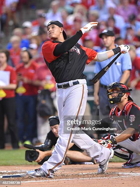 American League All-Star Manny Machado of the Baltimore Orioles bats during the Gillette Home Run Derby presented by Head & Shoulders at Great...