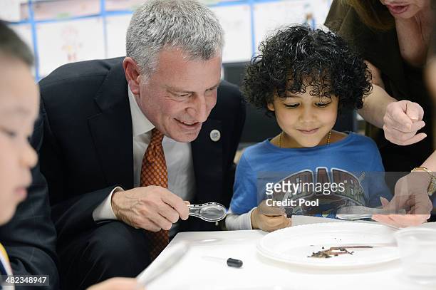 New York City Mayor Bill de Blasio and student Justin De La Cruz work on a science project with worms during a visit to a pre-K classroom at P.S.1 on...