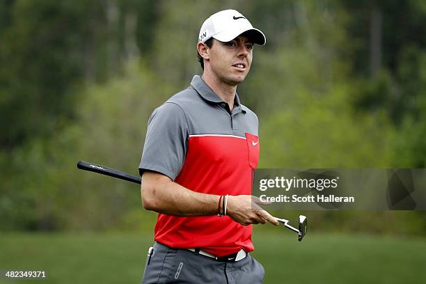 Rory McIlroy of Northern Ireland walks up to the tee box on the sixth hole during round one of the Shell Houston Open at the Golf Club of Houston on...