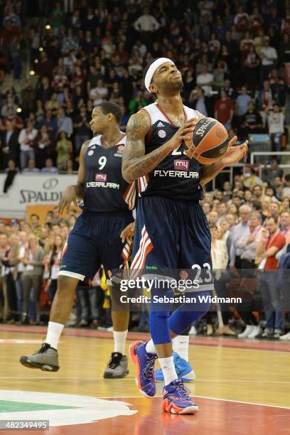 Malcom Delaney, #23 of FC Bayern Munich in action during the 2013-2014 Turkish Airlines Euroleague Top 16 Date 13 game between FC Bayern Munich v...