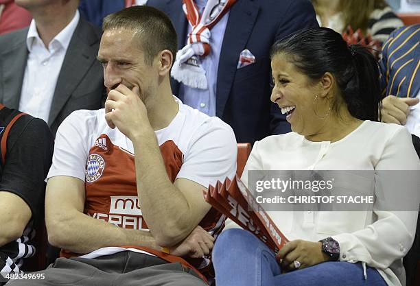 Bayern Munich's French football midfielder Franck Ribery and his wife Wahiba Belhami attend the Euroleague top 16ten match FC Bayern Basketball vs...