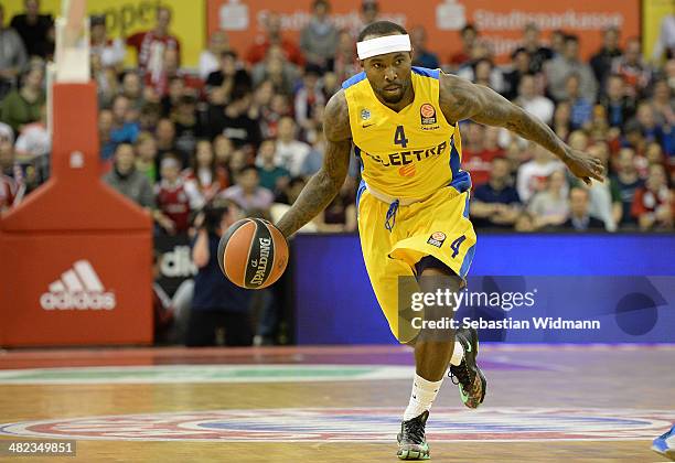 Tyrese Rice, #4 of Maccabi Electra Tel Aviv in action during the 2013-2014 Turkish Airlines Euroleague Top 16 Date 13 game between FC Bayern Munich v...