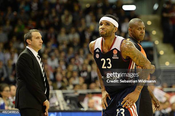 Malcom Delaney, #23 of FC Bayern Munich in action during the 2013-2014 Turkish Airlines Euroleague Top 16 Date 13 game between FC Bayern Munich v...