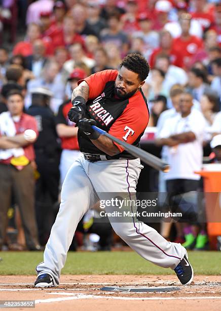 American League All-Star Prince Fielder of the Texas Rangers bats during the Gillette Home Run Derby presented by Head & Shoulders at Great American...
