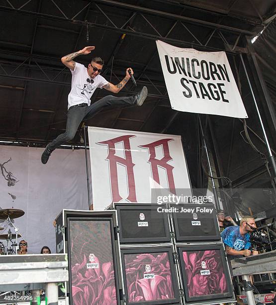 Vocalist Kyle Pavone of We Came as Romans performs live onstage at Klipsch Music Center on July 29, 2015 in Noblesville, Indiana.