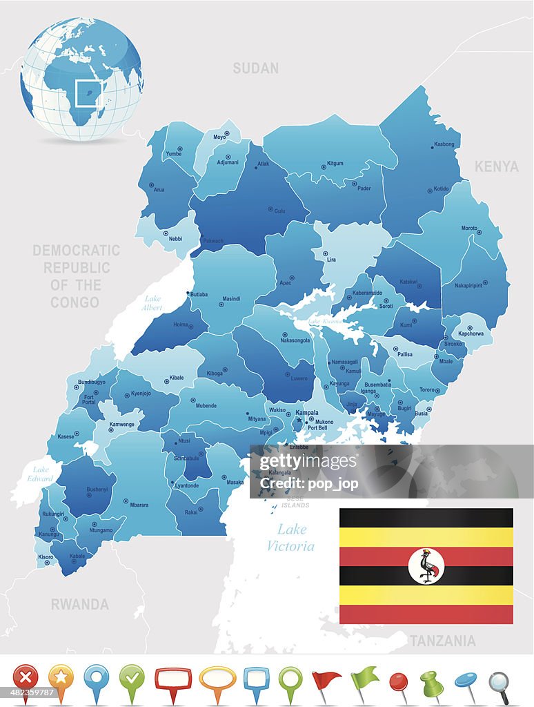 Map of Uganda - states, cities, flag and icons