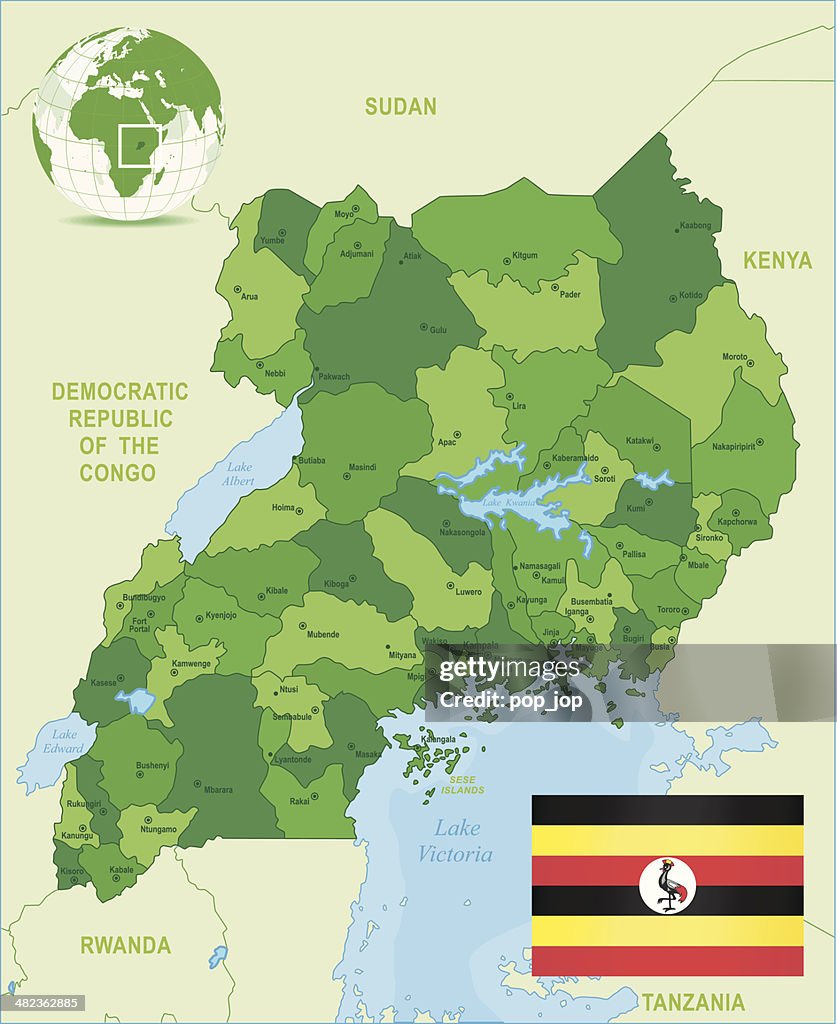 Green Map of Uganda - states, cities and flag