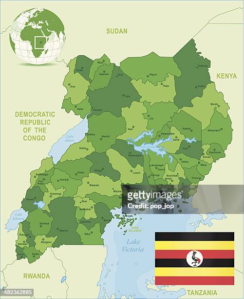 green map of uganda - states, cities and flag - uganda stock illustrations