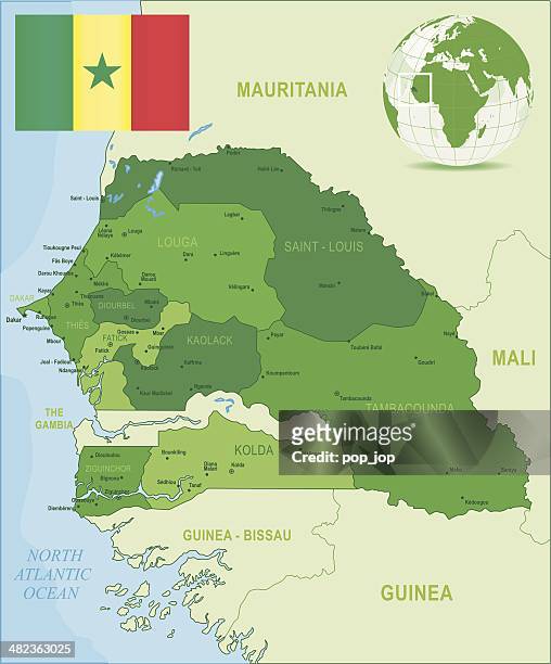 ilustrações, clipart, desenhos animados e ícones de green mapa do senegal-membros, cidades e a bandeira - senegal