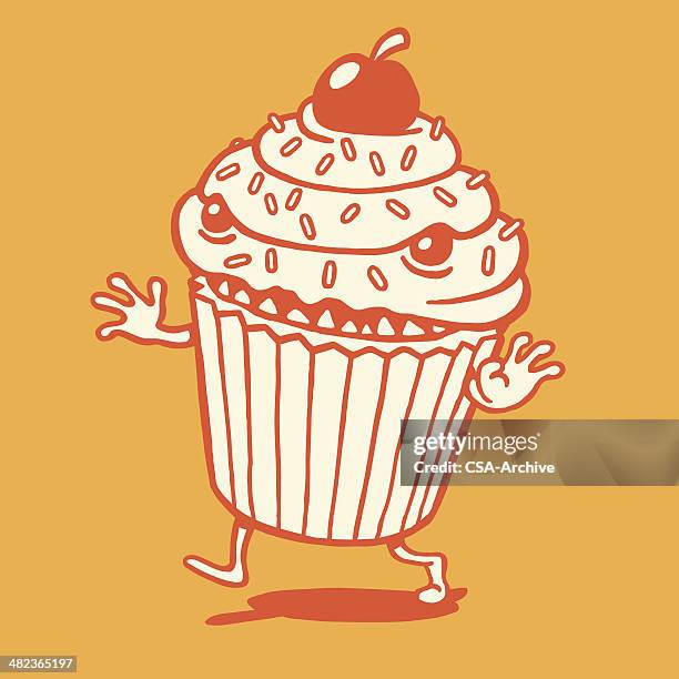 stockillustraties, clipart, cartoons en iconen met scary cupcake running - kers