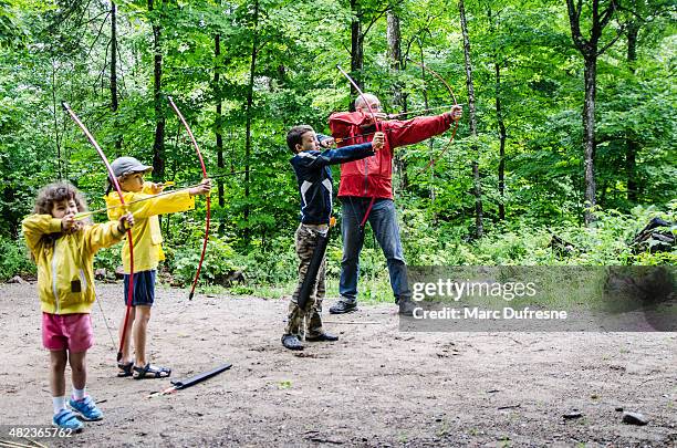 family throwing arrows at target - arrow bow and arrow stock pictures, royalty-free photos & images