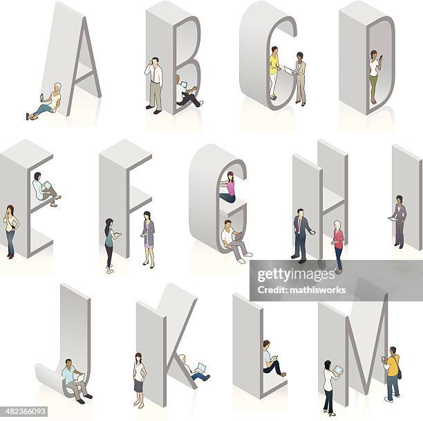 vector 3-d letters people using mobile devices - three dimensional type stock illustrations