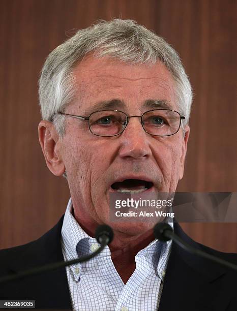 Secretary of Defense Chuck Hagel speaks during the closing news conference for a meeting of defense ministers from the Association of Southeast Asian...