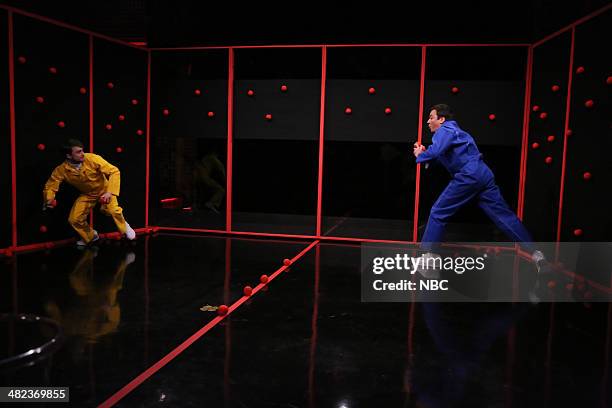 Episode 0034 -- Pictured: Actor Daniel Radcliffe and host Jimmy Fallon playing Sticky Balls on April 3, 2014 --