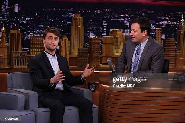 Episode 0034 -- Pictured: Actor Daniel Radcliffe during an interview with host Jimmy Fallon on April 3, 2014 --