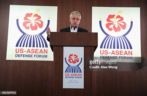 Secretary of Defense Chuck Hagel speaks during the closing news conference for a meeting of defense ministers from the Association of Southeast Asian...
