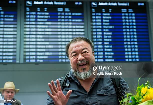 Chinese dissident artist Ai Weiwei upon his arrival at Munich Airport on July 30, 2015 in Munich, Germany. This is his first trip abroad since...