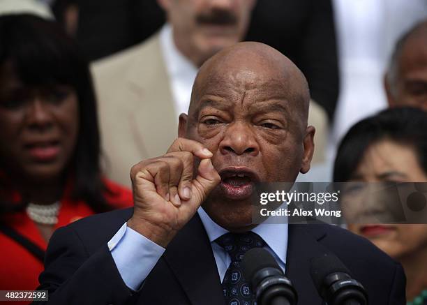 Rep. John Lewis speaks as during a rally in front of the U.S. Capitol July 30, 2015 on Capitol Hill in Washington, DC. House Democrats held the rally...