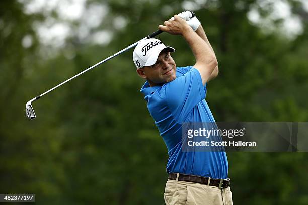 Bill Haas of the United States plays a shot on the ninth tee during round one of the Shell Houston Open at the Golf Club of Houston on April 3, 2014...