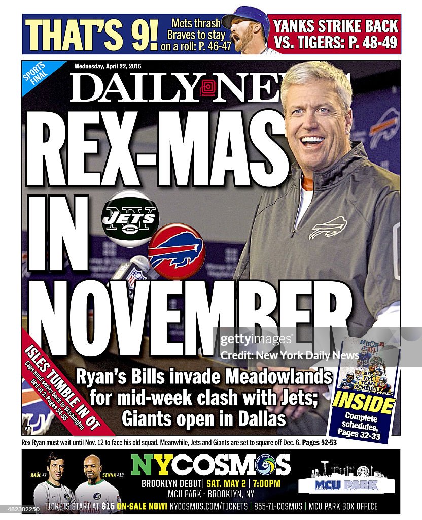 Daily News back page REX-MAS IN NOVEMBER, Ryan's bills invade Meadowlands for mid-week clash with Jets; Giants open in Dalla