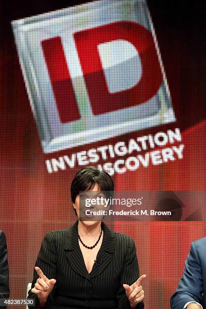 Host Candice DeLong speaks onstage during the 'A New Season of ID' panel discussion at the Investgation Discovery portion of the 2015 Summer TCA Tour...