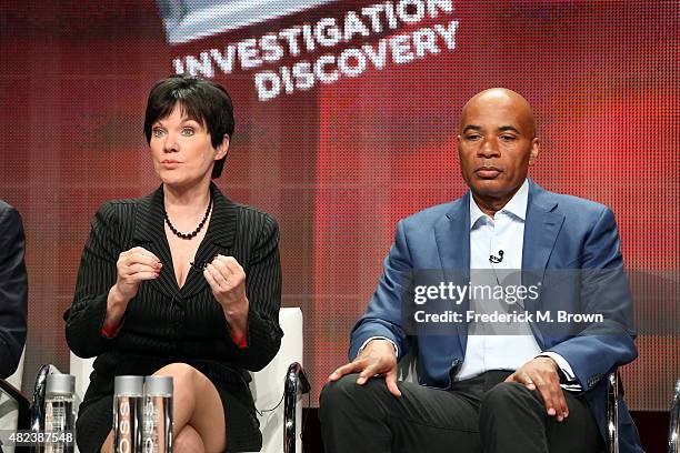 Hosts Candice DeLong and Tony Harris speak onstage during the 'A New Season of ID' panel discussion at the Investgation Discovery portion of the 2015...