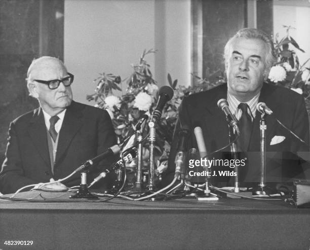 Australian High Commission John Armstrong and Australian Prime Minister Gough Whitlam during a press conference, Australia House, London, April 25th...