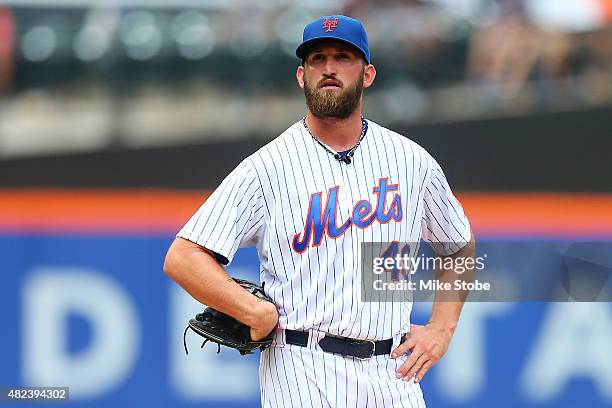 Jonathon Niese of the New York Mets looks on duirng the fifth inning against the San Diego Padres at Citi Field on July 30, 2015 in Flushing...