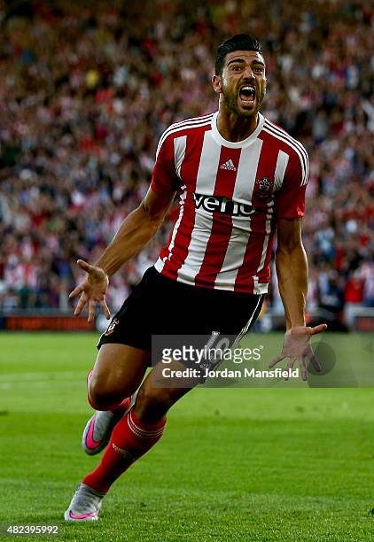 Graziano Pelle of Southampton celebrates after scoring to make it 1-0 during the UEFA Europa League Third Qualifying Round 1st Leg match between...