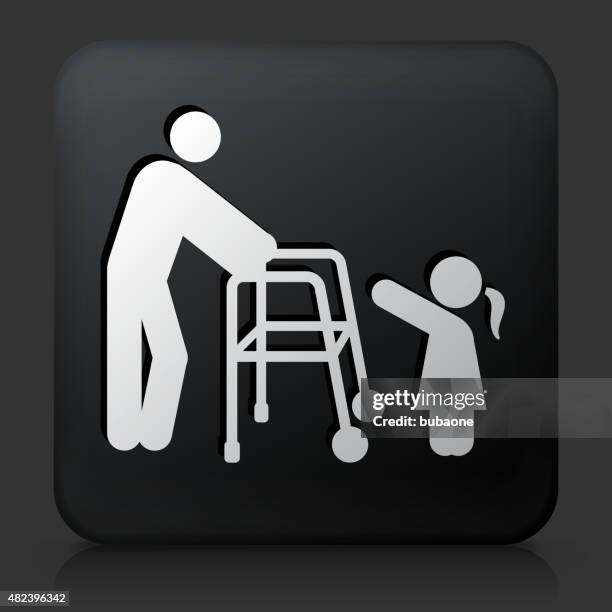 black square button with old & young icon - three generations men stock illustrations
