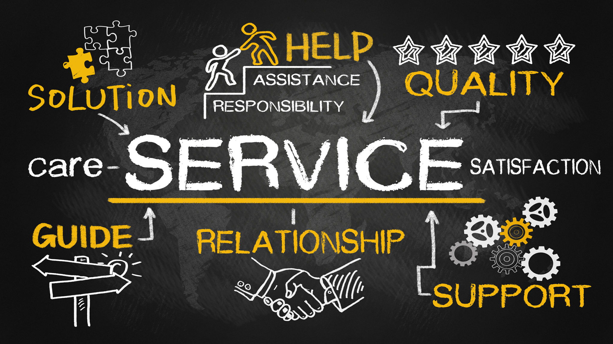 service concept with business elements on blackboard service concept with business elements on blackboard