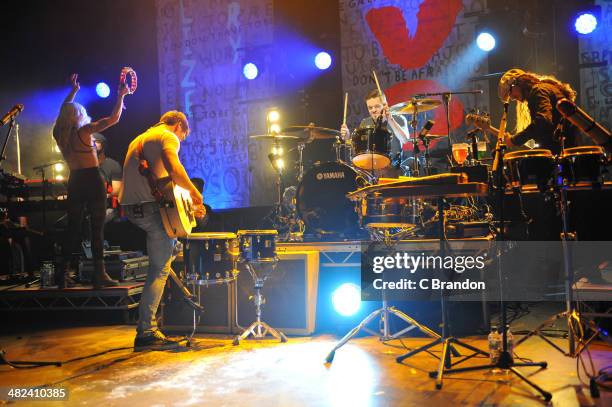 Sarah Blackwood, Mike Taylor, Ryan Marshall, Joel Cassidy and Gianni Luminati of Walk Off The Earth perform on stage at Shepherds Bush Empire on...