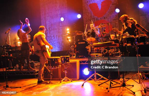 Sarah Blackwood, Mike Taylor, Ryan Marshall, Joel Cassidy and Gianni Luminati of Walk Off The Earth perform on stage at Shepherds Bush Empire on...