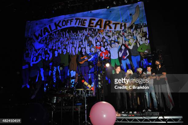 Joel Cassidy, Sarah Blackwood, Gianni Luminati, Ryan Marshall and Mike Taylor of Walk Off The Earth perform on stage at Shepherds Bush Empire on...