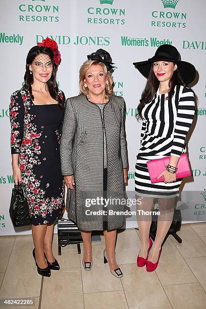 Roslyn Packer, Gretel Packer and Francesca Packer arrive at the David Jones and Crown Resorts Autumn Racing Ladies Lunch at David Jones on April 4,...