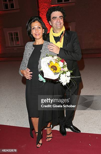 Rolando Villazon and his wife Lucia Villazon attend the 40 year stage anniversary of Placido Domingo during the Salzburg Festival on July 30, 2015 in...